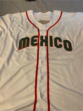 Mexico White Baseball Jersey with Red & Green Trim
